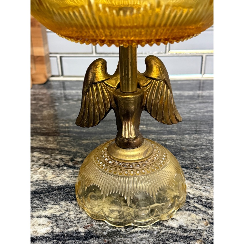Vintage Mid Century Amber Glass Pedestal Compote Bowl Brass Eagle Candy, Fruit - Picture 3 of 6